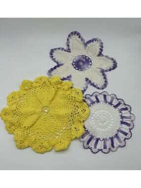 Lot Of 3 Vintage Hand Crafted Doilies Yellow Purple White Spring Granny Core